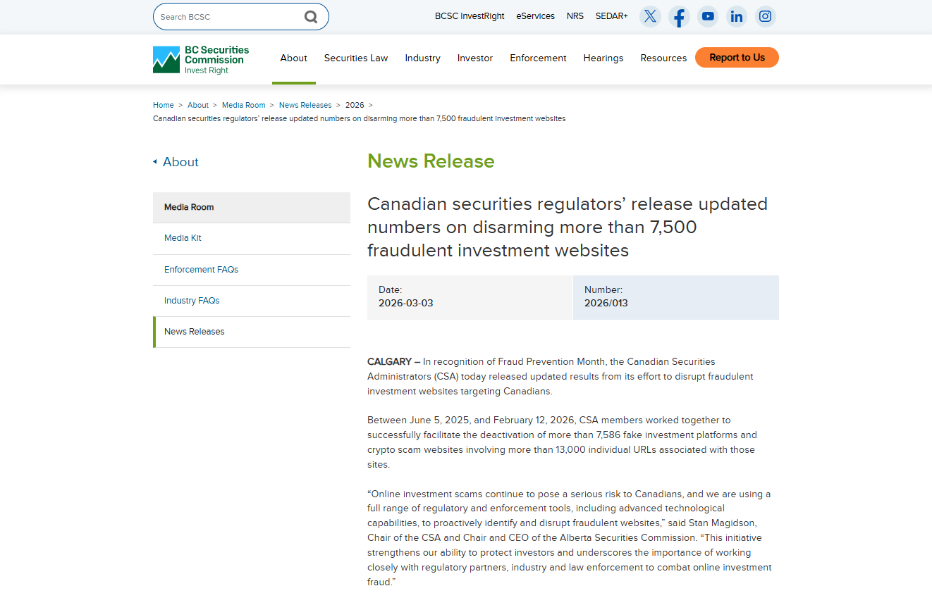 Canadian securities regulators’ release updated numbers on disarming more than 7,500 fraudulent investment websites.