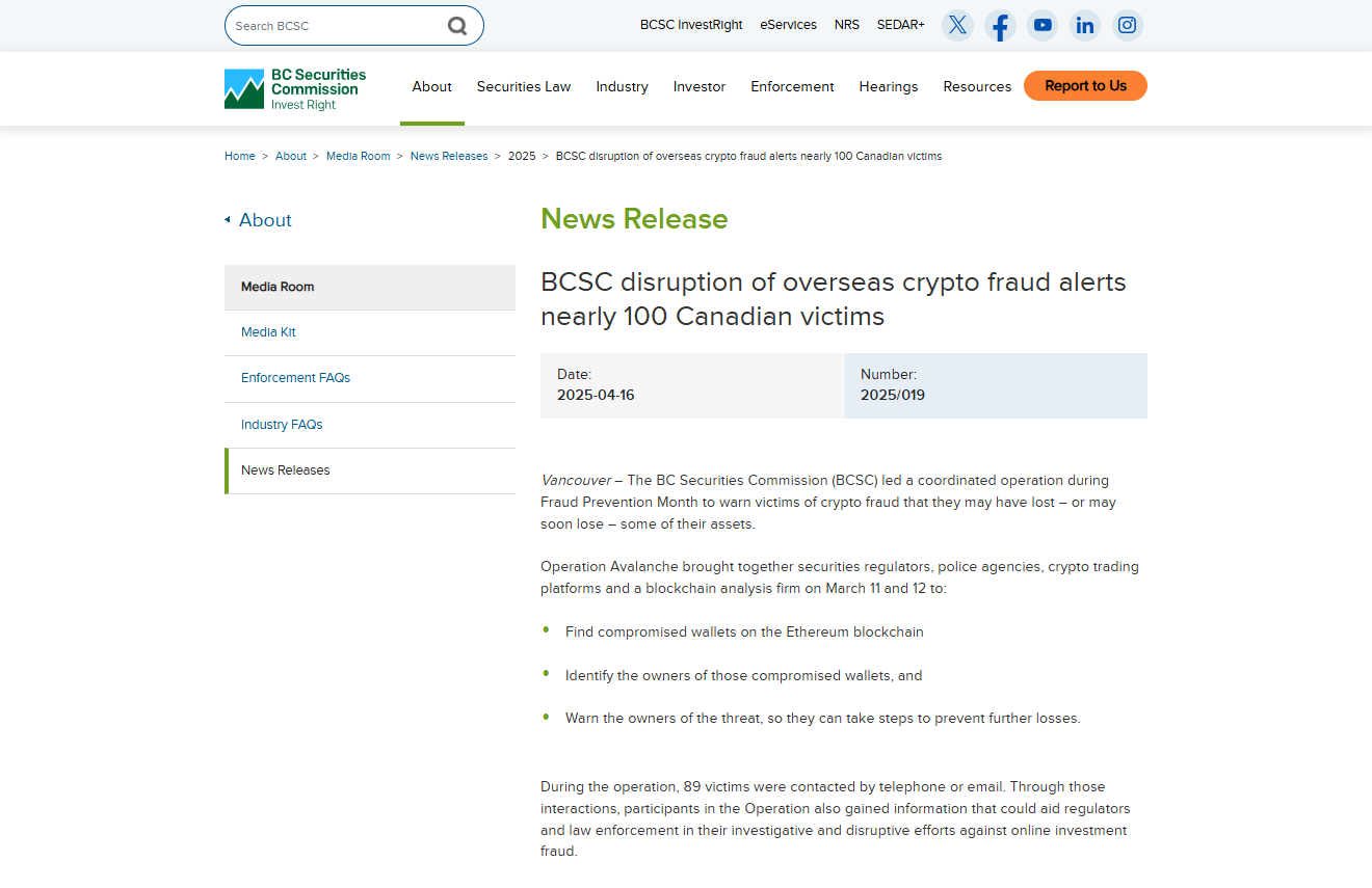 BCSC disruption of overseas crypto fraud alerts nearly 100 Canadian victims