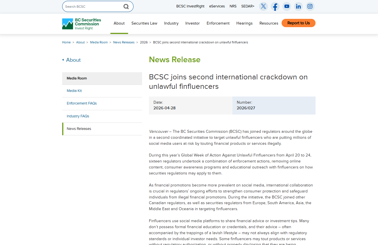 BCSC joins second international crackdown on unlawful finfluencers.