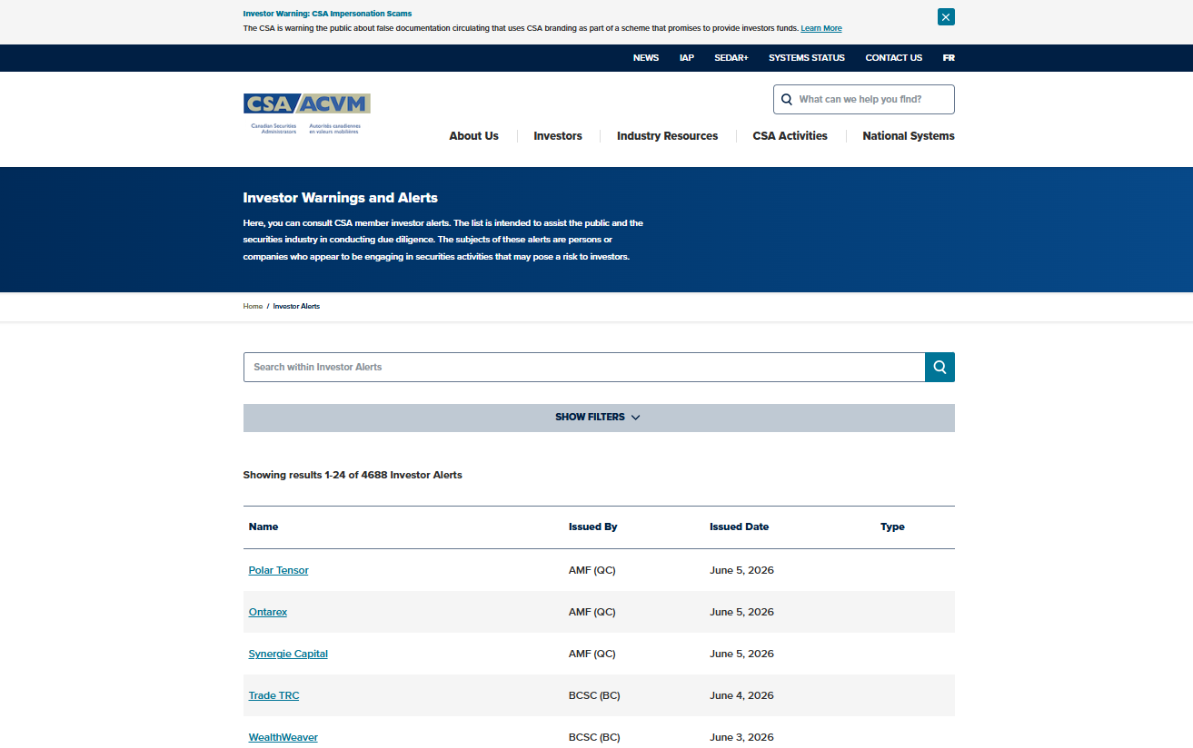 CSA Investor Warnings and Alerts.