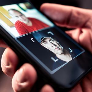 A hand holding a smartphone with the screen showing AI face-swapping software.