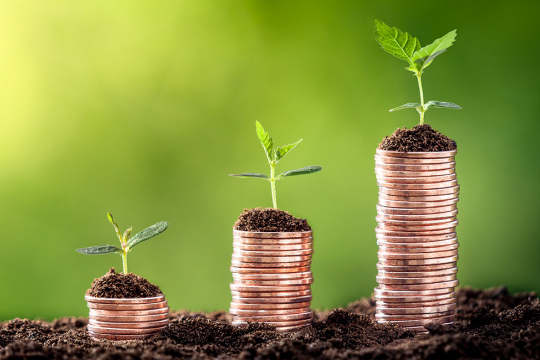 ESG investing concept illustrated by a row of stacked coins with seedlings growing from the top