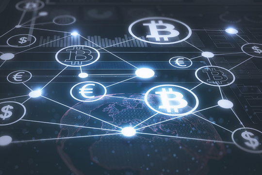 Blockchain technology network connecting Bitcoin and dollar signs