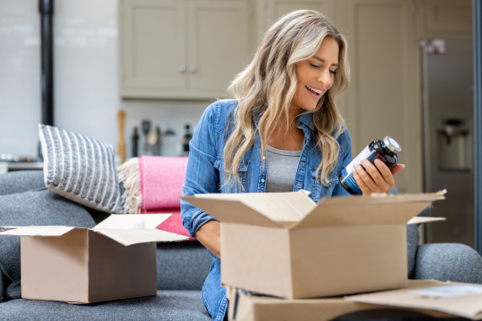 A woman opening a package