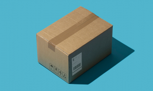 A sealed cardboard box with a shipping label.